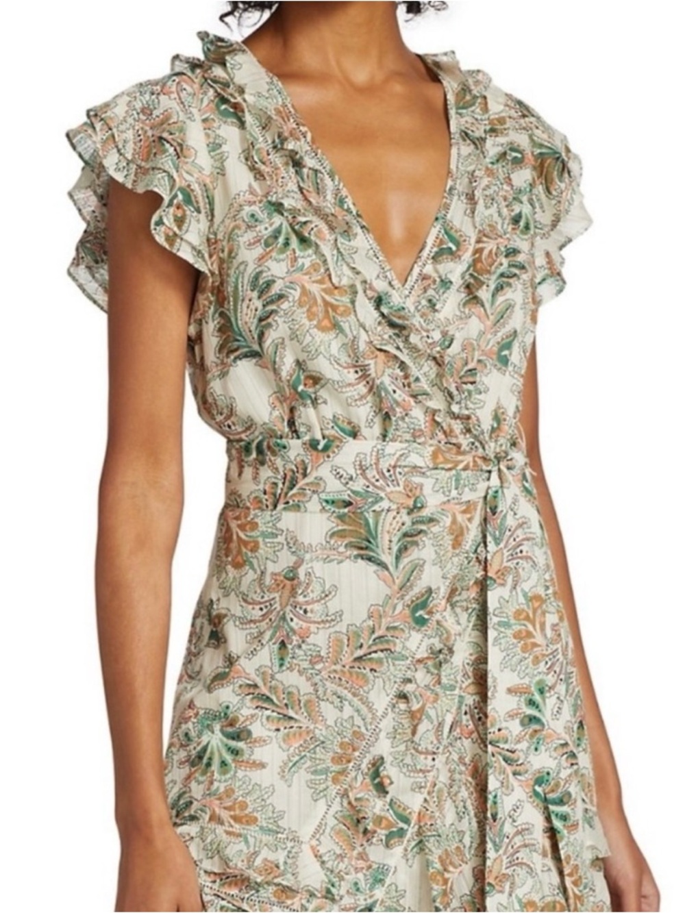 Veronica Beard Cream Paisley Wrap Mini Dress with Green & Brown Accents - Picture 3 of 6
